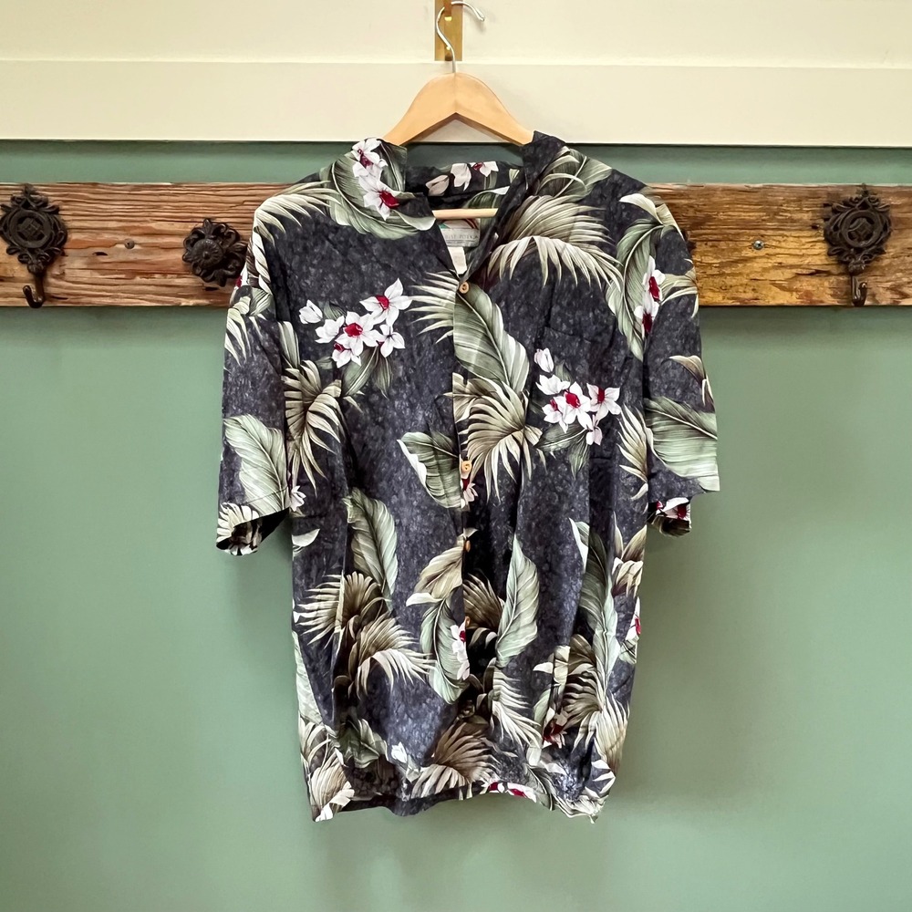 Vintage Paradise Found Hawaiian Shirt Charcoal Floral Palm Rayon Made in USA‎ XL
